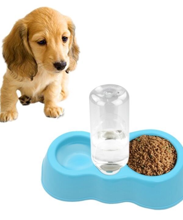 Dog Cat Food Dish + Drinking Water Double Bowls with Automatic Water Dispenser