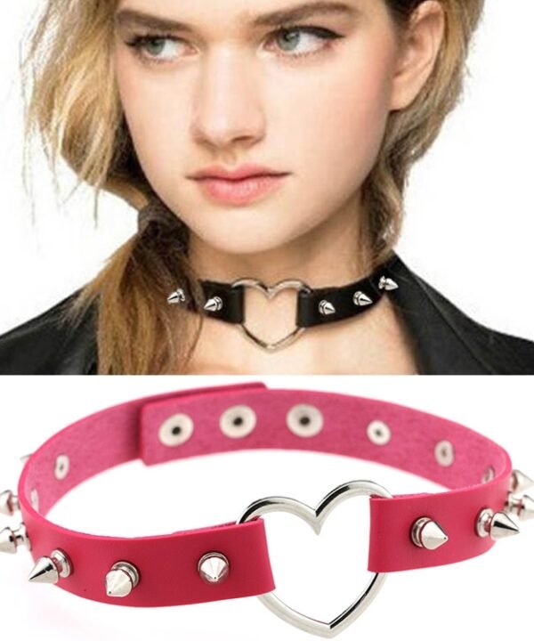 Punk Style Fashion Heart Shape Leather Rivet Necklace Collar, Random Color Delivery