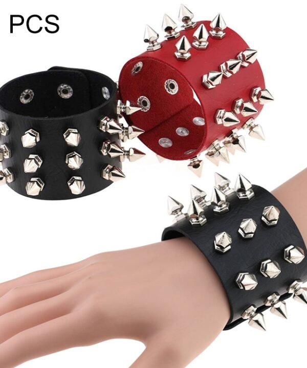 2 PCS European and American Punk Style Fashion Exaggerated Conical Tip 3 Rows Rivets Leather Bracelet, Random Color Delivery