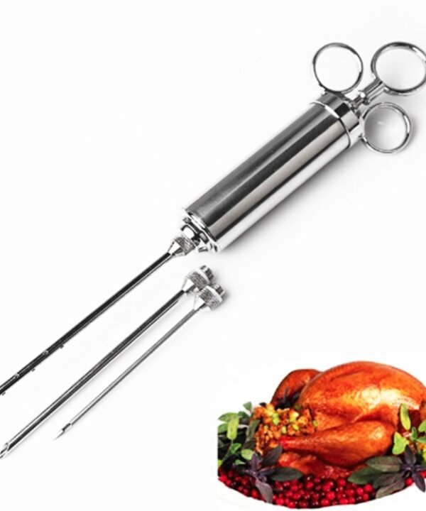 60ml Stainless Steel Syringe Dual Needles Condiment Turkey Meat Injector Cooking Tools, Stainless Steel Marinade Injector