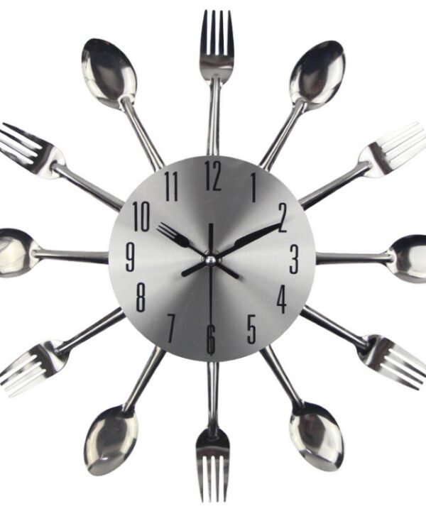 Cutlery Metal Kitchen Wall Clock Spoon Fork Creative Quartz Wall Mounted Clocks Modern Design Decorative Horloge, Silver