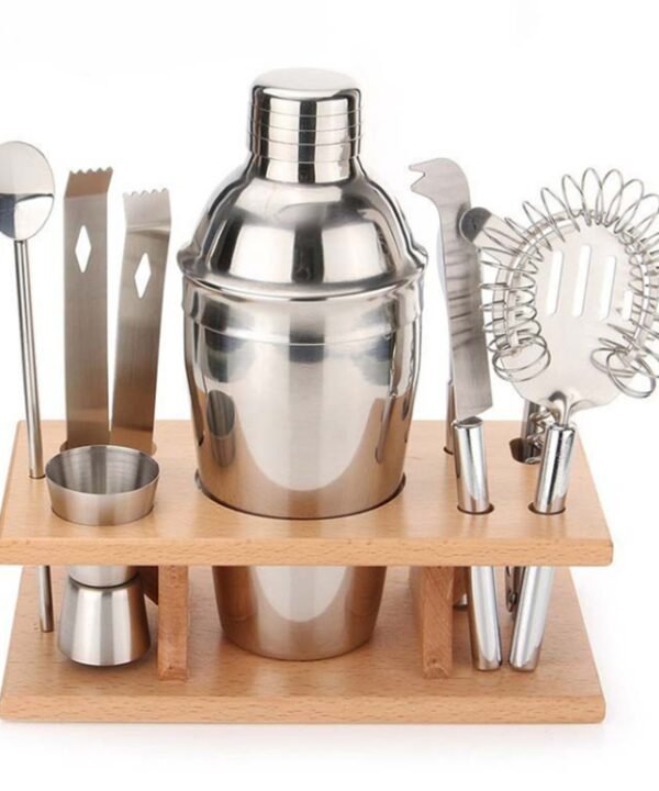 9 in 1 Stainless Steel Cocktail Shaker Tools Set with Wooden Mount, Capacity: 750ml
