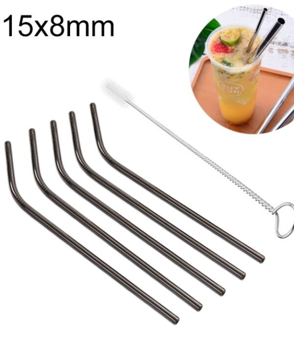 5pcs Reusable Stainless Steel Bent Drinking Straw + Cleaner Brush Set Kit,  215*8mm, 215*8mm (Bent)