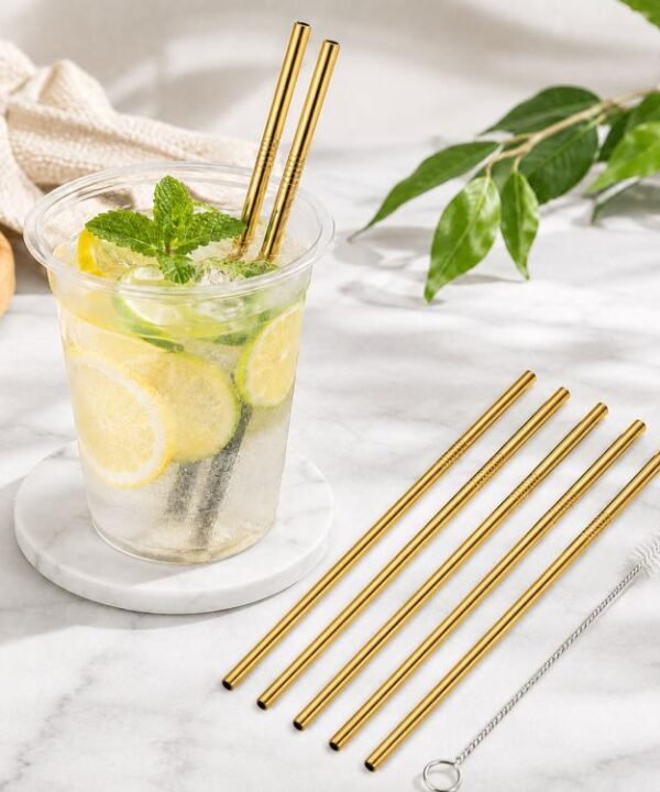 5pcs Reusable Stainless Steel Straight Drinking Straw + Cleaner Brush Set Kit,  215*8mm, 215*8mm (Straight)