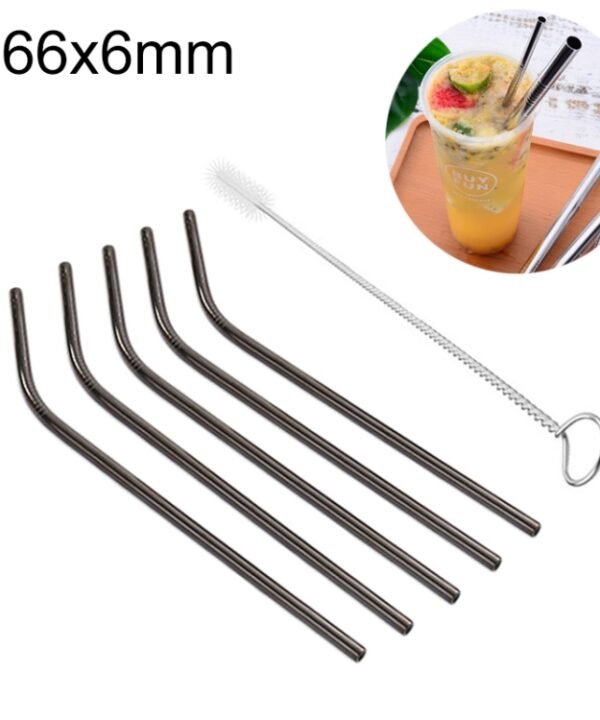 5pcs Reusable Stainless Steel Bent Drinking Straw + Cleaner Brush Set Kit,  266*6mm, 266*6mm (Bent)