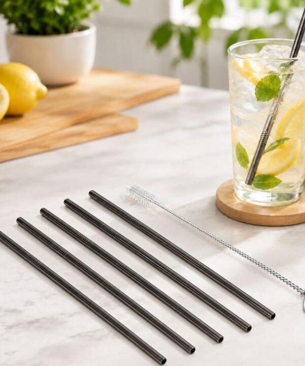 5pcs Reusable Stainless Steel Straight Drinking Straw + Cleaner Brush Set Kit,  266*6mm, 266*6mm (Straight)