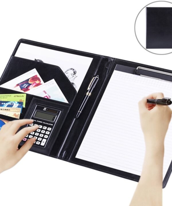 Office Supplies Business Style Leather Document Folder with 30-pages A4 Note Pad & Calculator
