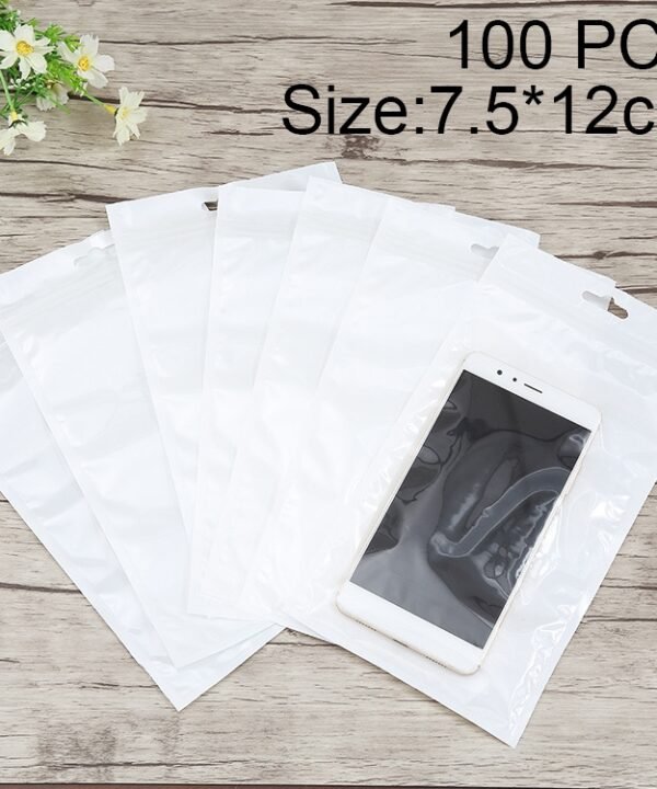 100 PCS 7.5cm x 12cm Hang Hole Clear Front White Pearl Jewelry Zip Lock Packaging Bag, Custom Printing and Size are welcome