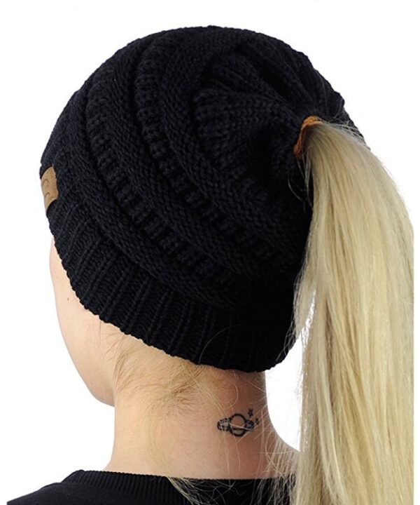 CC Letter Ponytail Cap Knitting Hat for Ladies, Black, Grey, Magenta, Black+Grey, Red, Baby Blue, White, Wine Red, Brown