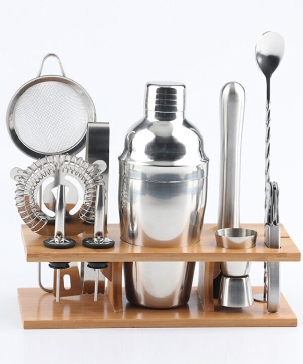 11 in 1 Stainless Steel Cocktail Shaker Tools Set with Wooden Mount, Capacity: 750ml