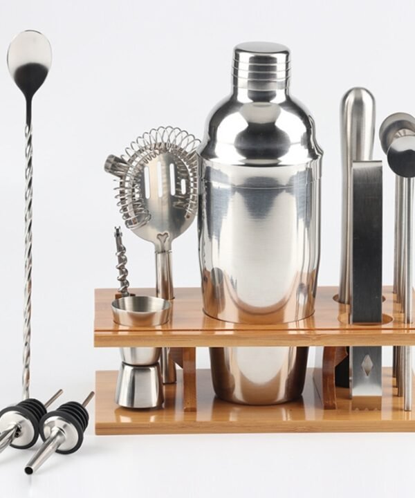 14 in 1 Stainless Steel Cocktail Shaker Tools Set with Bamboo Mount, Capacity: 750ml