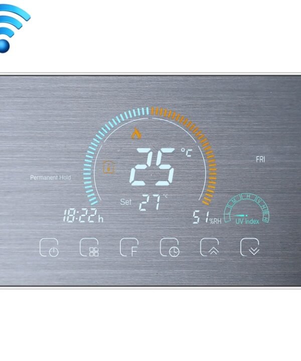 BHT-8000-GCLW-SS Brushed Stainless Steel Mirror Controlling Water/Gas Boiler Heating Energy-saving and Environmentally-friendly Smart Home Negative Display LCD Screen Round Room Thermostat with WiFi