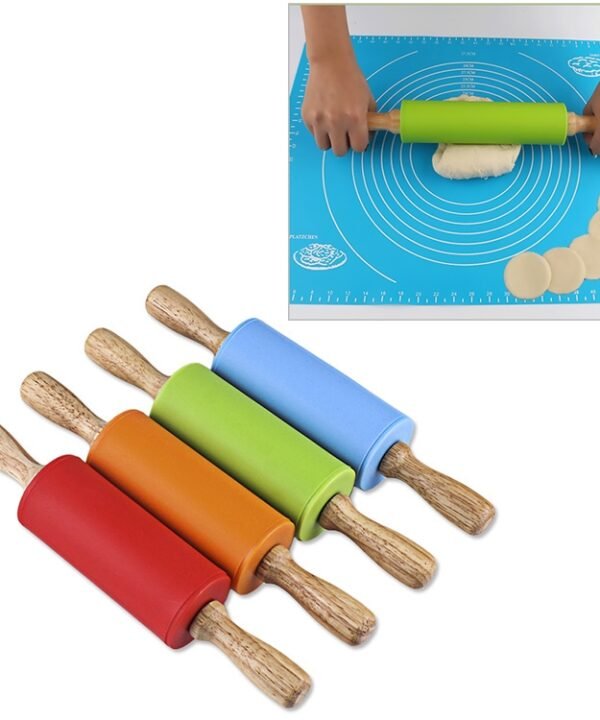 kn055 Solid Wooden Handle Silicone Rolling Pin Non-stick Food Dumpling Stick, Length: 23cm, Random Color Delivery