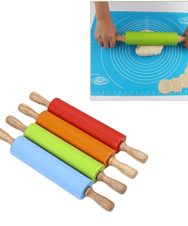 kn055 Solid Wooden Handle Silicone Rolling Pin Non-stick Food Dumpling Stick, Length: 29cm, Random Color Delivery