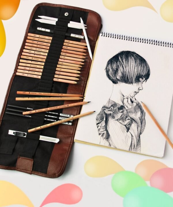 Beginner Sketching Tools (18 PCS Sketching Pencils + Charcoal Pencil + Erasers + Pen Curtain + Art Knife) Sketching Set, Sketching Set