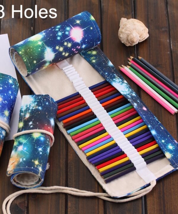 48 Slots Cosmic Galaxy Print Pen Bag Canvas Pencil Wrap Curtain Roll Up Pencil Case Stationery Pouch