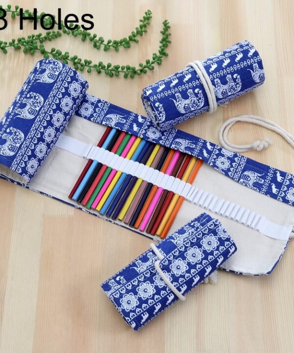 48 Slots Ethnic Elephant Print Pen Bag Canvas Pencil Wrap Curtain Roll Up Pencil Case Stationery Pouch