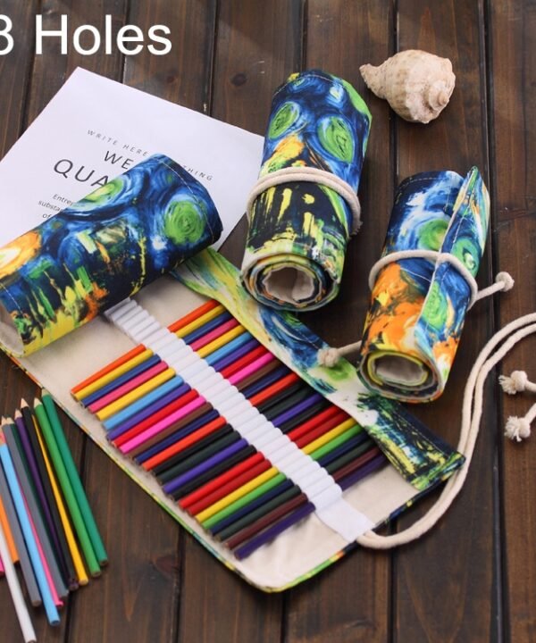 48 Slots Van Gogh Oil Painting Print Pen Bag Canvas Pencil Wrap Curtain Roll Up Pencil Case Stationery Pouch