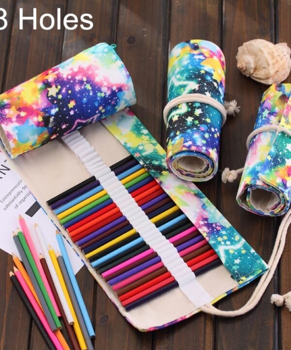 48 Slots Starry Sky Print Pen Bag Canvas Pencil Wrap Curtain Roll Up Pencil Case Stationery Pouch