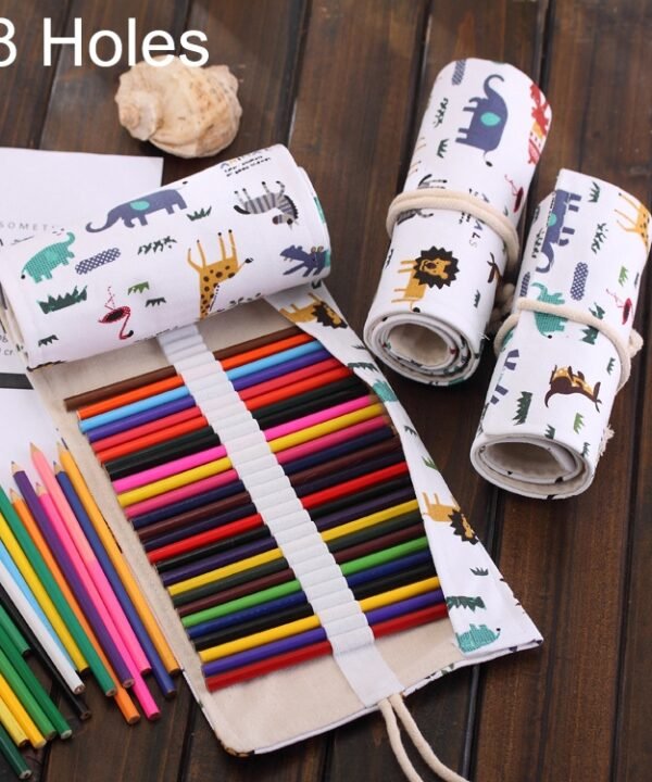 48 Slots Cartoon Animal Print Pen Bag Canvas Pencil Wrap Curtain Roll Up Pencil Case Stationery Pouch