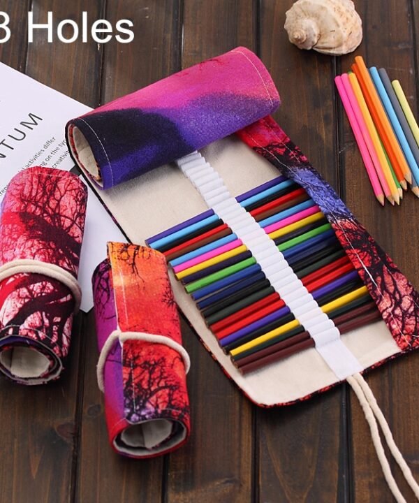 48 Slots Sunset Tree Print Pen Bag Canvas Pencil Wrap Curtain Roll Up Pencil Case Stationery Pouch