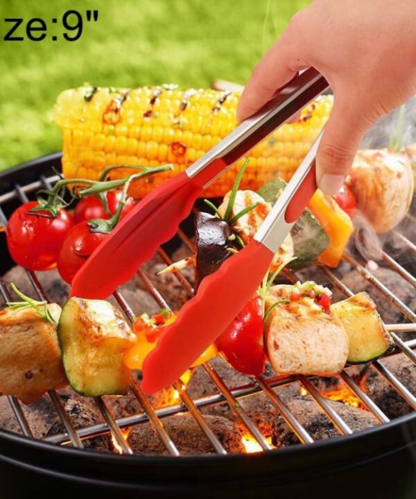 9 inch Silicone Non-slip Food Bread Barbecue BBQ Clip Tongs Kitchen Tools, 9 inch Black, 9 inch Red