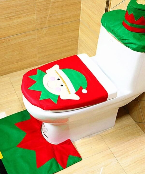 Fancy Christmas Decoration Happy Santa Elf Toilet Seat Cover Rug Bathroom Set