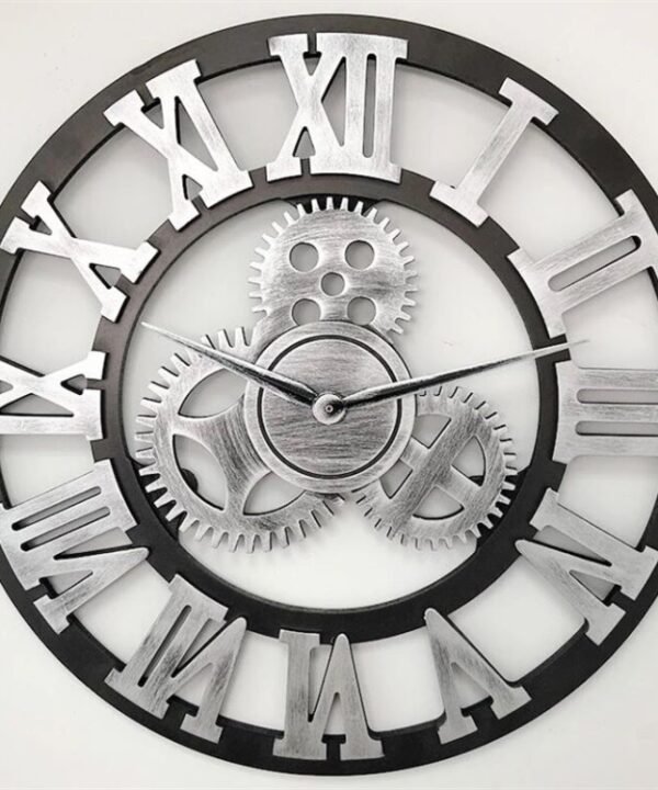 Retro Wooden Round Single-sided Gear Clock Rome Number Wall Clock, Diameter: 30cm, Rome Number 30cm