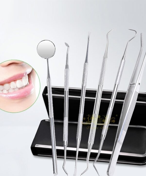 6 in 1 Dental Tool Set (Stainless Steel Probe + Hoe-shaped Dentist + Sickle Dentist + Tooth Stain Rejection Device + Dental Tweezers + Mouth Mirror)