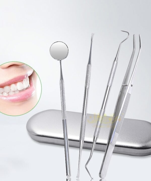 4 in 1 Dental Tool Set (Stainless Steel Probe + Hoe-shaped Dentist + Dental Tweezers + Mouth Mirror)