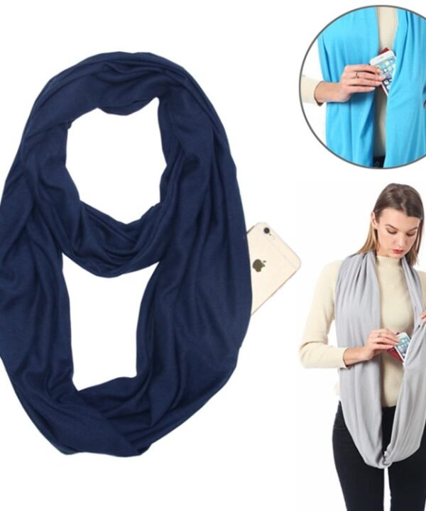 Women Solid Winter Infinity Scarf Pocket Loop Zipper Pocket Scarves