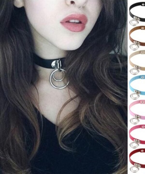 2 PCS European and American Rock Punk Nightclub Street Dancing Dual-ring Leather Collar Necklace, Random Color Delivery
