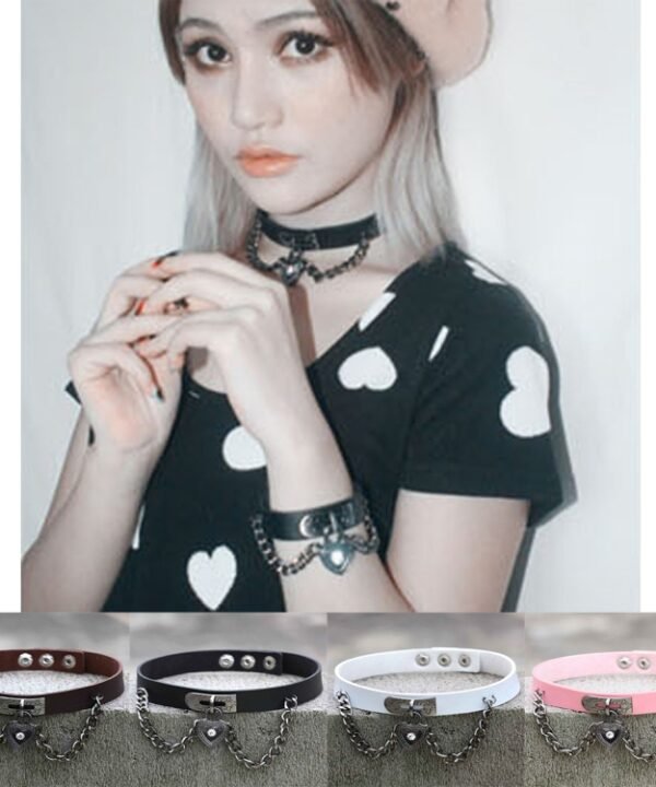 European and American Harajuku Punk Heart-shape Lock Leather Collar Choker Bracelet, Random Color Delivery