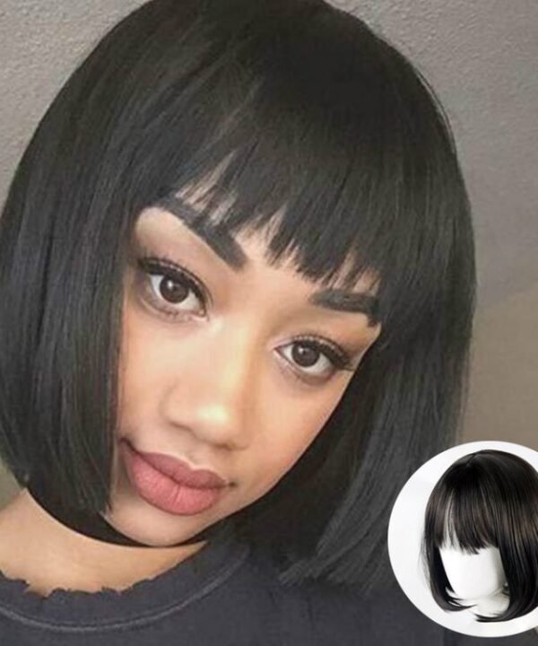 Neat Bang Bobo Short Straight Hair Wig Chemical Fiber Hair Headgear for Women