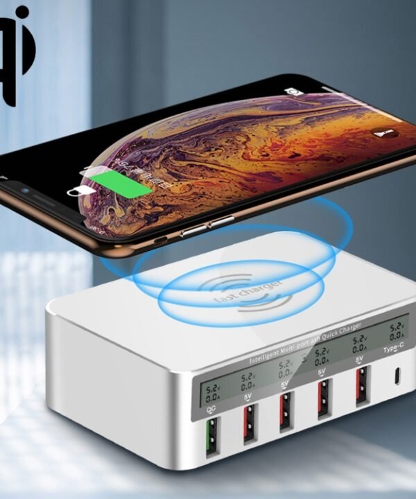 WLX-818F 6 in 1 10W QC3.0 Wireless Charging + USB-C / Type-C + 4 USB Ports Charger with Smart LCD Display Screen, EU / AU Plug