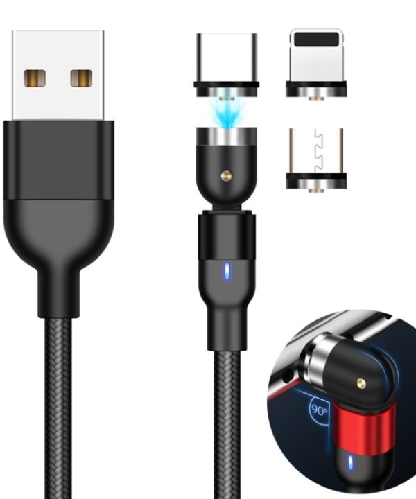 1m 2A Output 3 in 1 USB to 8 Pin + USB-C / Type-C + Micro USB Nylon Braided Rotate Magnetic Charging Cable, 1m 3 in 1