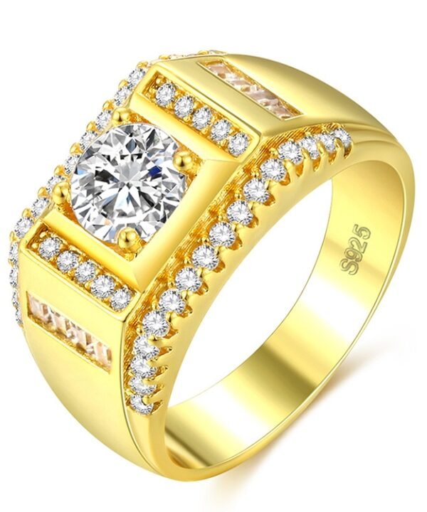 Fashion New Style Gold Plated + AAA Zircon Inlaid Rhinestone Men Diamond Ring, Size: 9, Diameter: 18.9mm, Perimeter: 59.5mm