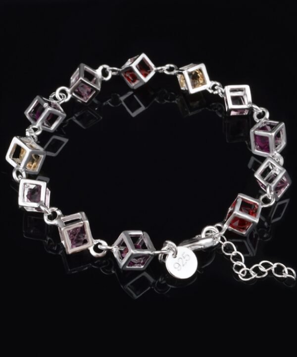 Hollow Checkered Colorful Rhinestone Fashion Silver Bracelet(Silver)