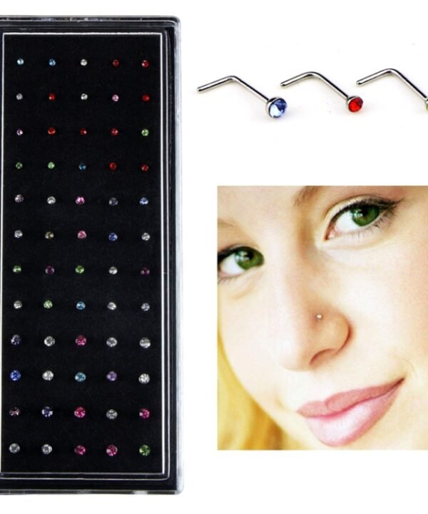 60 PCS Color Mixed Diamond Shape Stainless Steel Nose Stud Rings L Shaped Piercing Jewelry,Pin Length: 7mm, pin diameter: 0.6mm (Color), Colour (60 PCS), White (60 PCS)