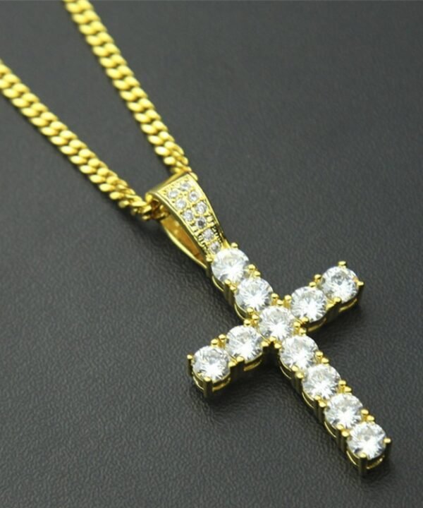 Hip Hop Claw Set Premium Zircon Cross Pendant Necklace(Gold)