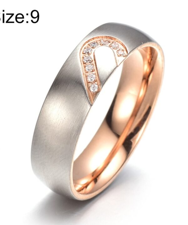 Fashion Rhinestone Love Heart Splice Couples Ring Fine Titanium Steel Ring for Men and Women(Gold with Diamond, US Size: 9)