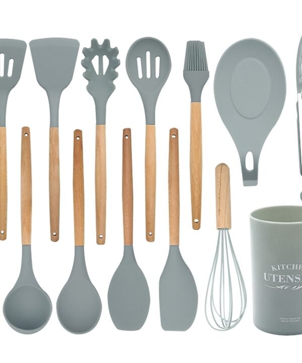13 in 1 Silicone Wood Handle Heat-resistant Cooking Cutlery Sets Kitchen Tools with Large Container