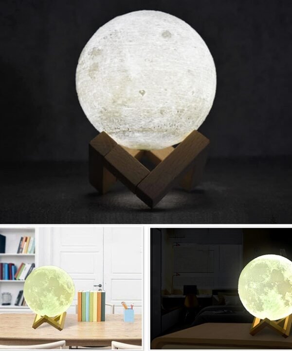 15cm Touch Control 3D Print Moon Lamp, USB Charging White + Yellow Light Color Changing LED Energy-saving Night Light with Wooden Holder Base