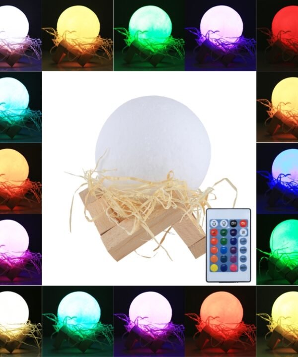 8cm Touch Control 3D Print Moon Lamp , USB Charging 16-color Changing LED Energy-saving Night Light with Wooden Holder Base & Remote Control