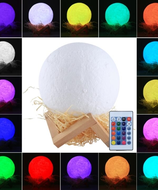 15cm Touch Control 3D Print Moon Lamp, USB Charging 16-color Changing LED Energy-saving Night Light with Wooden Holder Base & Remote Control