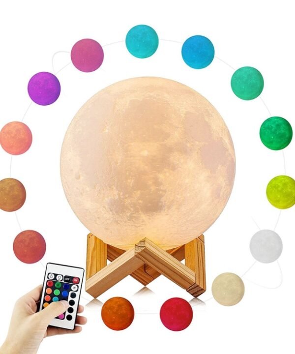 YouOKLight YK2302 15cm Touch Control 3D Print Moon Lamp, USB Charging 16-Color Dimming LED Night Light with Remote Control & Wooden Holder