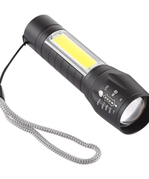 A2 USB Charging Waterproof Zoomable XPE + COB Flashlight with 3-Modes & Storage Box