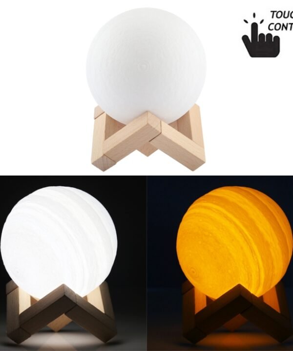 10cm Touch Control 3D Print Jupiter Lamp, USB Charging 2-Color Changing Energy-saving LED Night Light with Wooden Holder Base