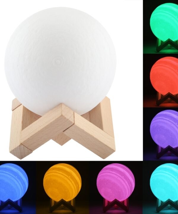 10cm Patted 3D Print Jupiter Lamp, USB Charging 7-Color Changing Energy-saving LED Night Light with Wooden Holder Base
