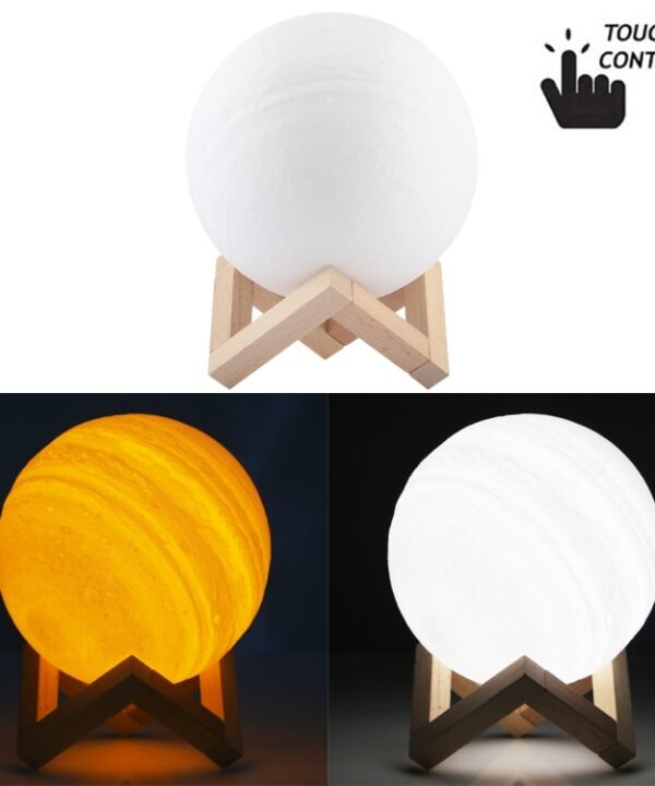 15cm Touch Control 3D Print Jupiter Lamp, USB Charging 2-Color Changing Energy-saving LED Night Light with Wooden Holder Base